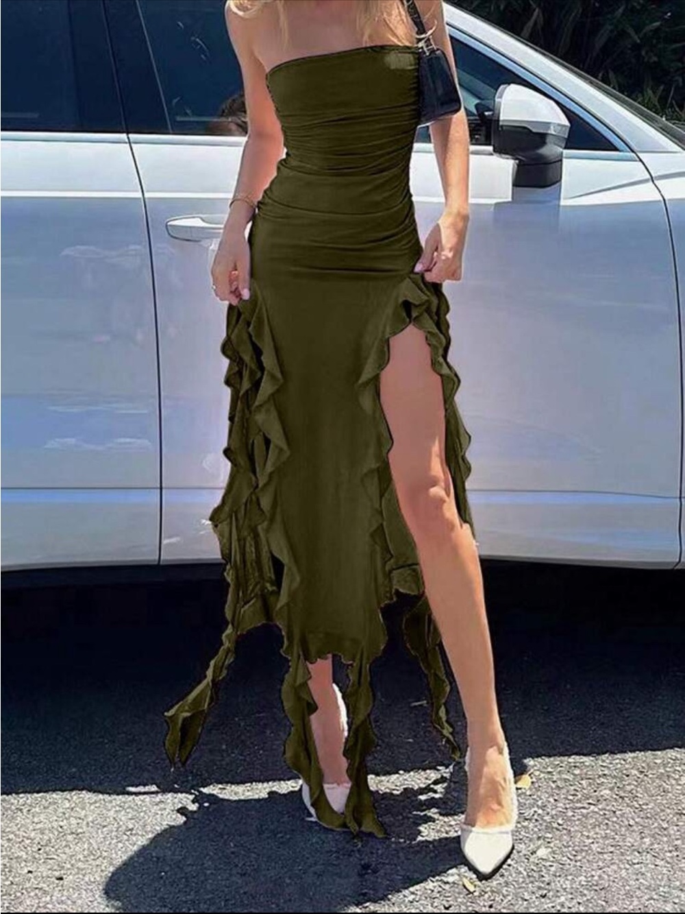SHEIN Olive Green Strapless Ruffle High-Slit Maxi Dress